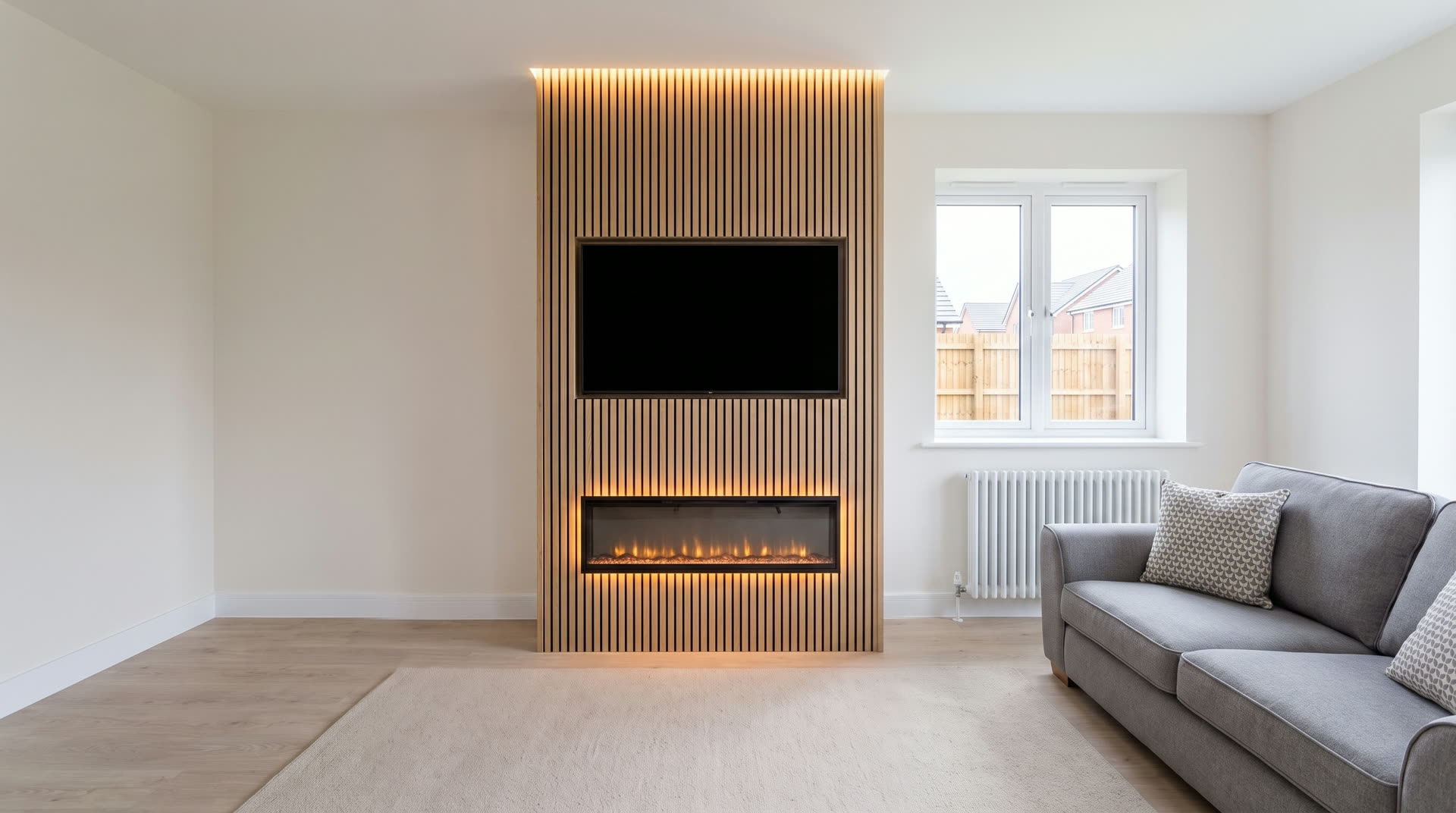 The Media Wall — oak slat panelling, linear fire and TV recess