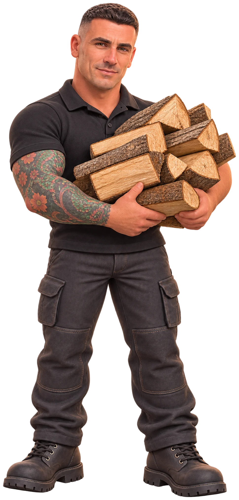 Gareth carrying an armful of logs