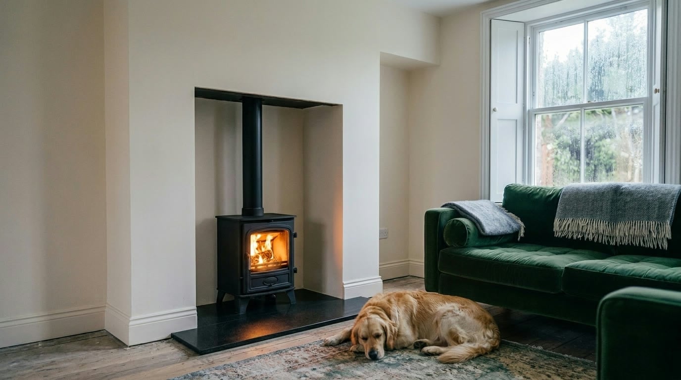 The Classic — compact log burner on a granite hearth