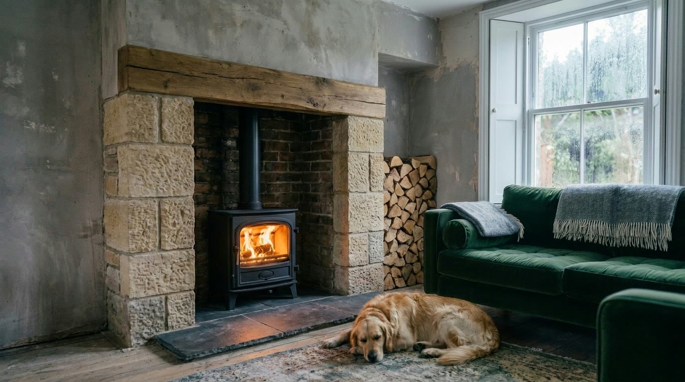The Showpiece — full stone surround with oak beam mantel