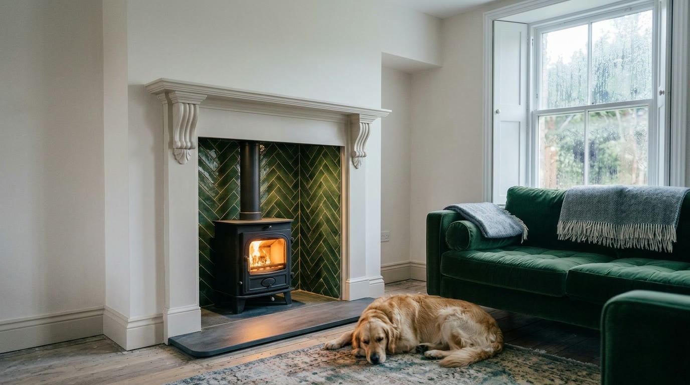 The Slate — tiled opening, slate hearth and timber mantel